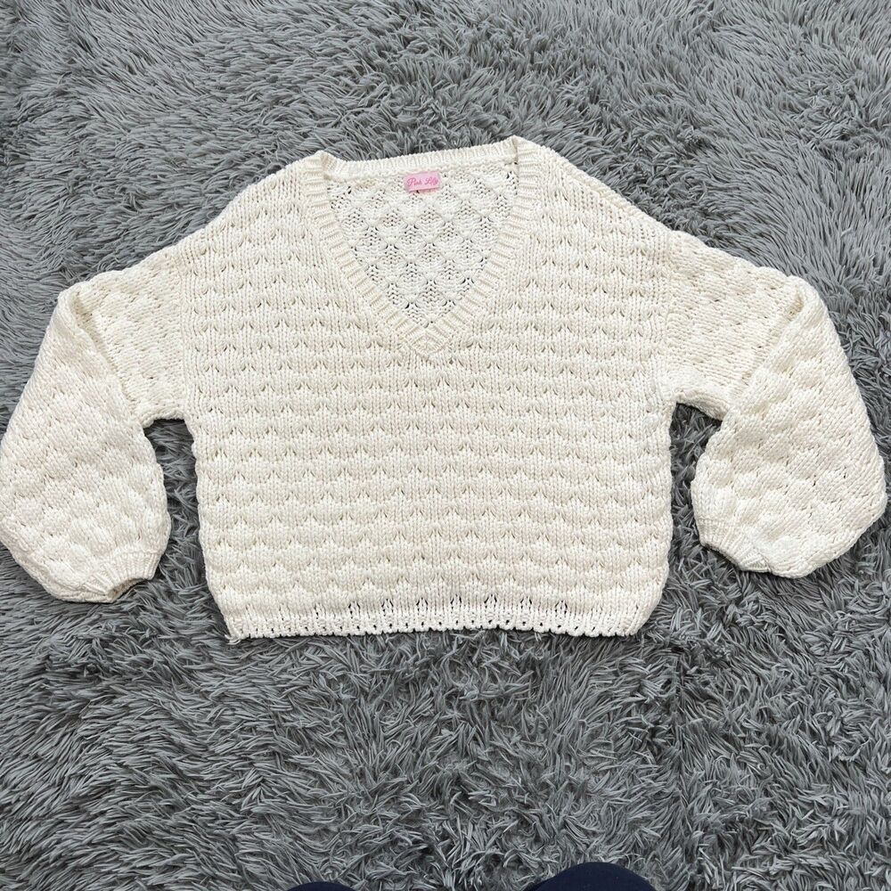 Pink Lily Women’s Chunky Knit Sweater V Neck Balloon Sleeve One Size